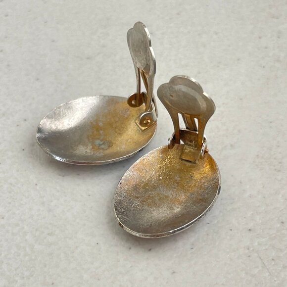 Vintage Cloisonne' Earrings Clip on 1980s Abstract Tulip Flower Art to Wear - Picture 3 of 3